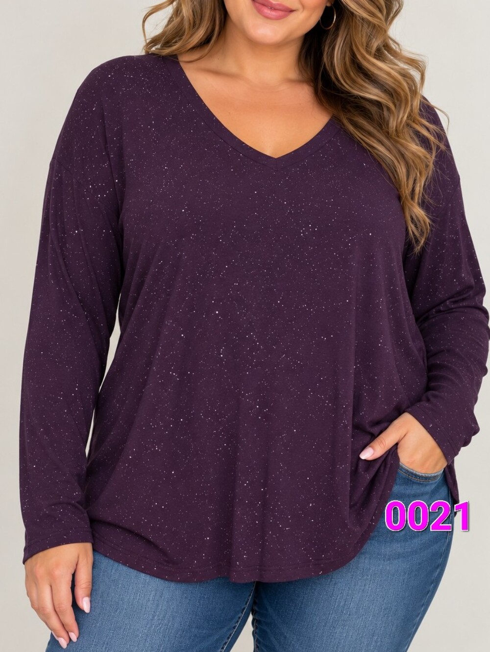 Sonoma Long Sleeve V-Neck Top in Plum Speckle - XL